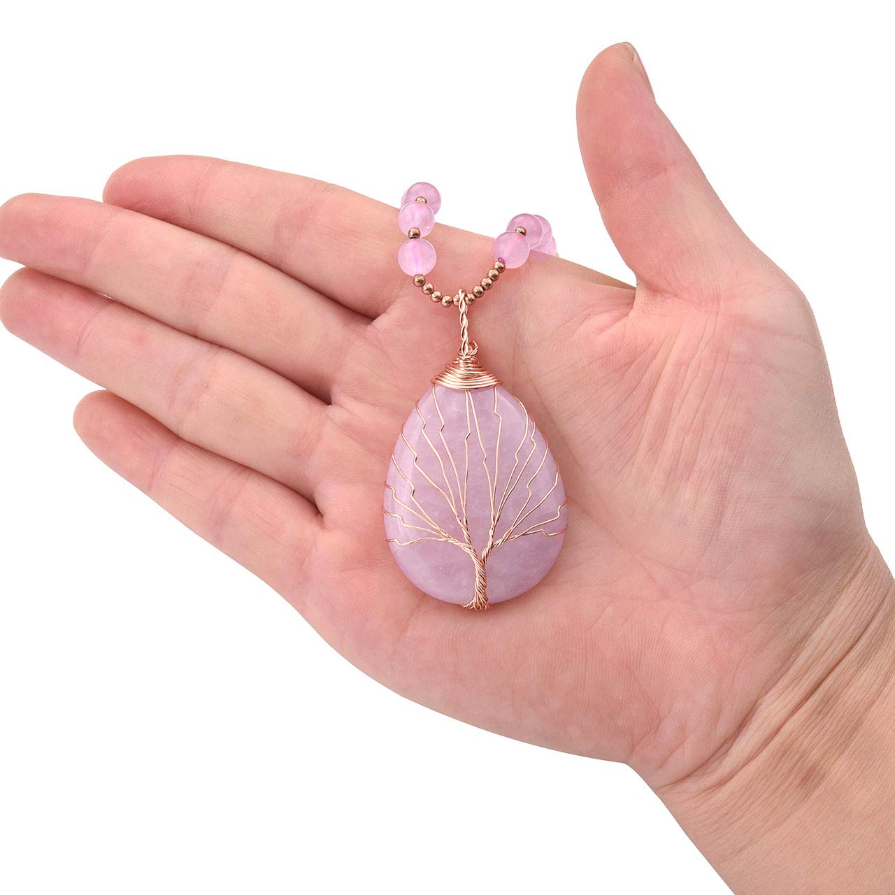 Top Plaza Natural Stone Beads Healing Crystal Rose Quartz Necklace Life Tree Wire Wrapped Teardrop Gemstone Pendant Jewelry for Womens Mother