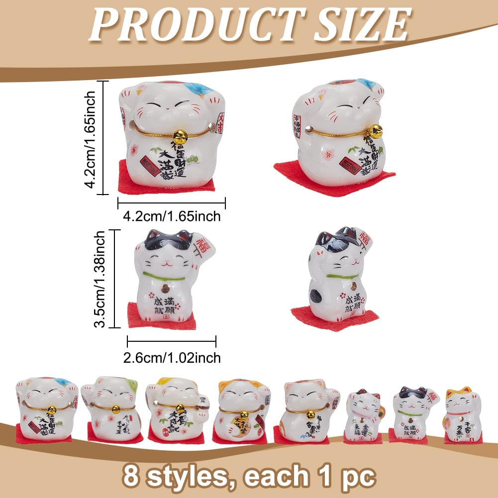 PLIGREAT 8 Pcs Mini Japanese Maneki Neko, Lucky Fortune Cat with Waving Arm Miniature Ceramic Statue Small Cats Desk Ornament Good Luck Fortune Decor for Home Desktop Office Gift