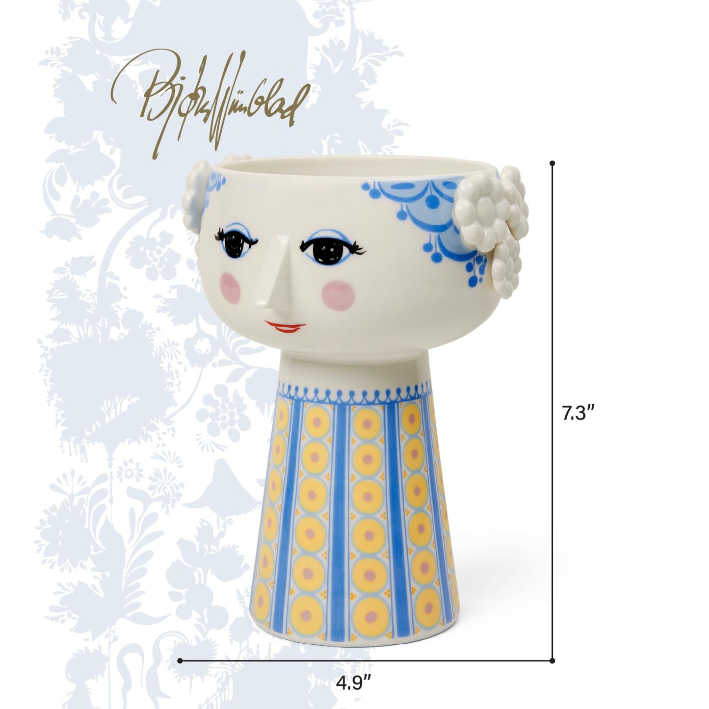 Bjørn Wiinblad Eva Vase | Hand-Painted Glazed Porcelain | Blue Yellow | 7.3 in
