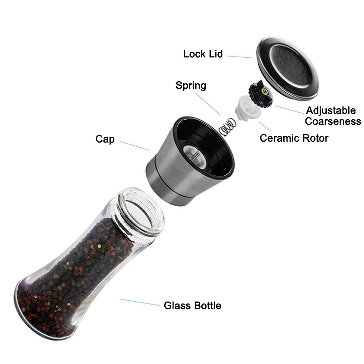 Elegant Pepper and Salt Grinder Set of 2, Best Spice Mill with Brushed Stainless Steel Cap, Ceramic Blades, Adjustable Coarseness, and Refillable Tall Glass Body with 6OZ Capacity (7.5").