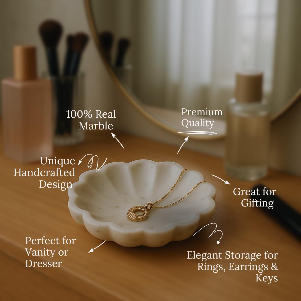 Handcrafted Marble Jewelry Tray, Decorative Trinket Dish for Rings Earrings Necklace Bracelet, Key Bowl, Ideal Gift for Mother Sister Daughter Friends, Birthday Wedding Christmas 5"