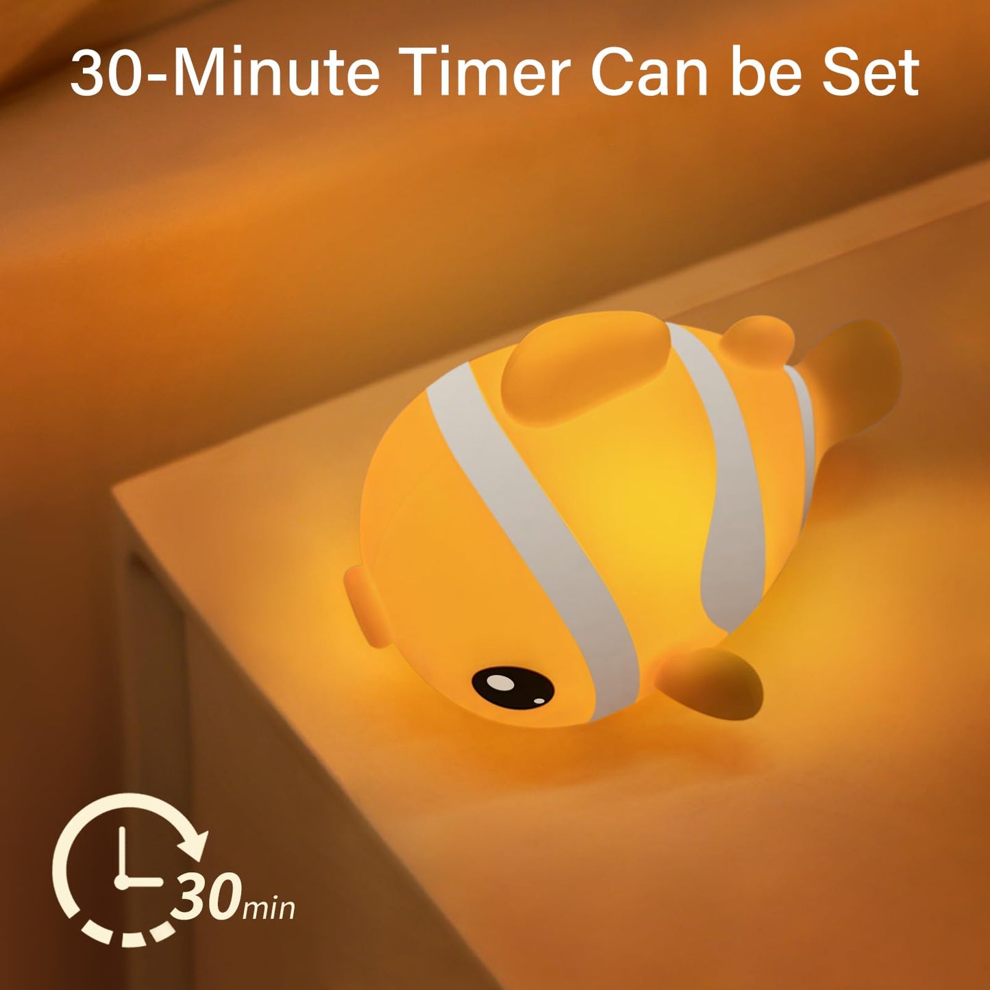 AVACOM Night Light for Kids Toddler Nursery - Cute Clownfish Squishy Silicone Baby Lamp for Bedtime Breastfeeding, Rechargeable Portable Touch Pat Nightlight with 3 Brightness & 30-Min Auto-Off Timer