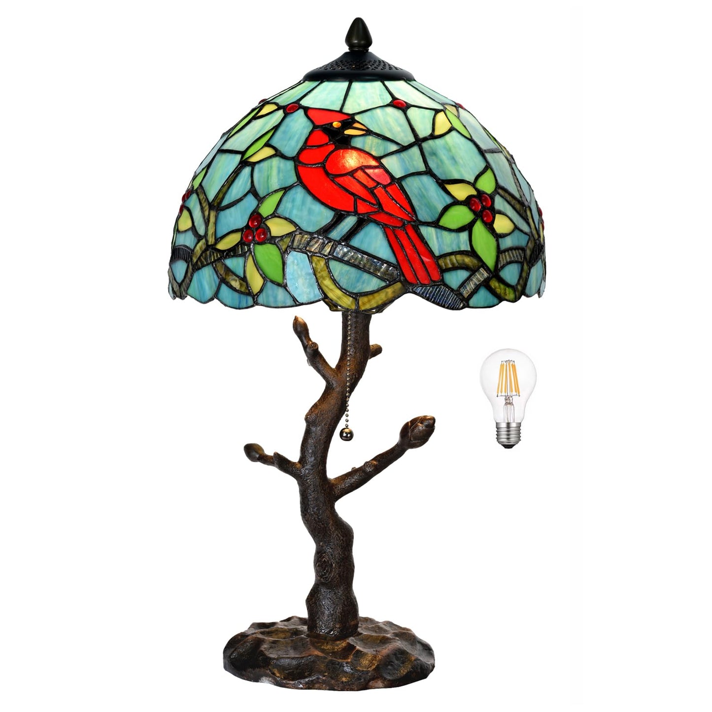 HomeBeauty TL0035 Tiffany Style Stained Glass Table Lamp, Cardinal Bird Desk Lamp with Branch Base, W 12" x OH 21", Great for Home Decor & Night Lighting, LED Bulb Included (Red Cardinal)