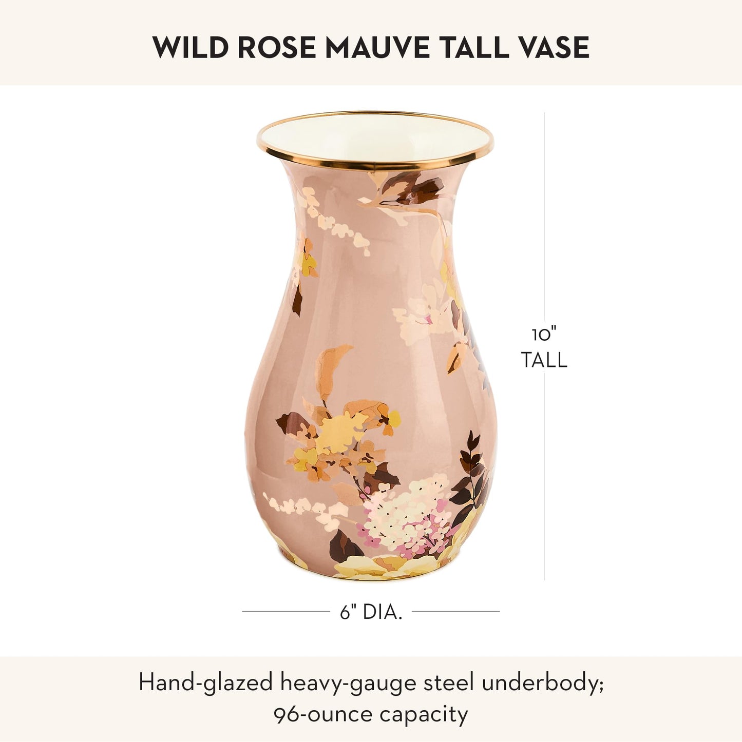 MACKENZIE-CHILDS Tall Enamel Vase, Unique Flower-Vase Decor for Living Room, Wild Rose Mauve