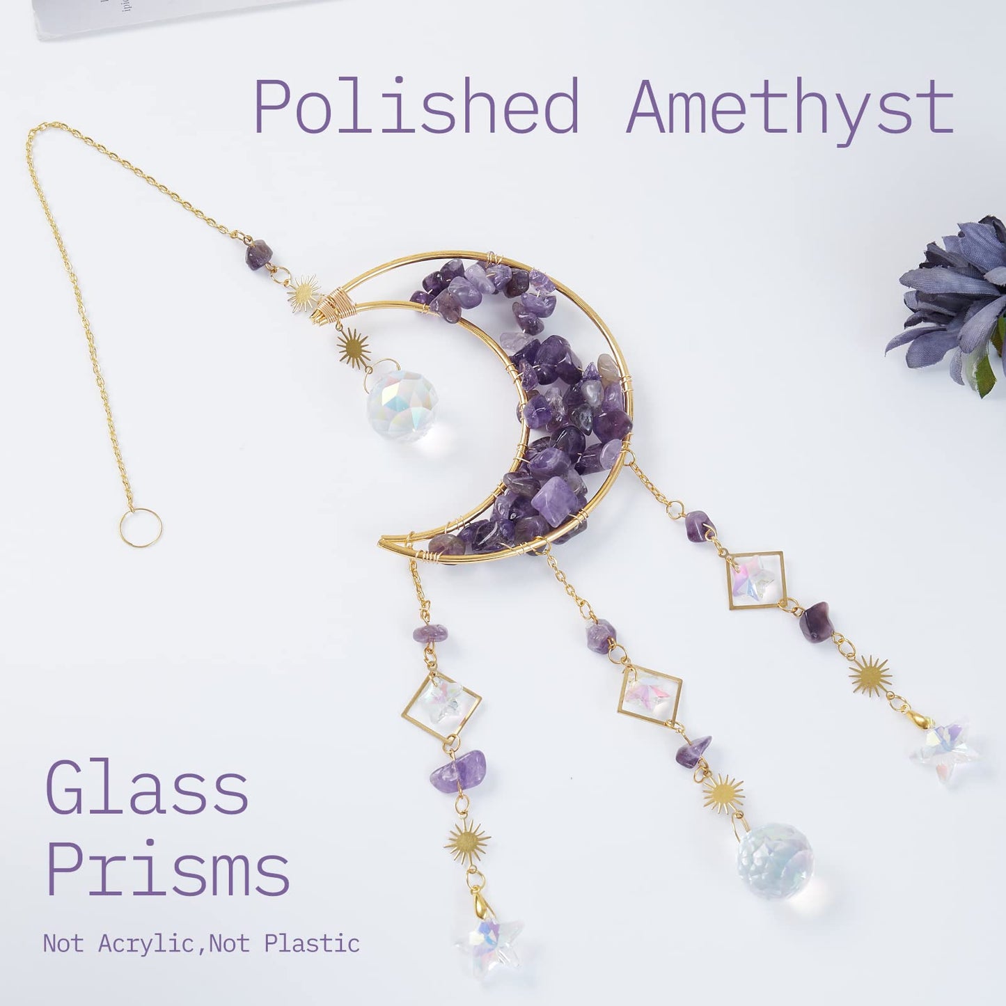 Amethyst Crystals Suncatcher - Hanging Moon Sun Catcher with Glass Prisms for Windows, Healing Amethyst Crystal Decor for Home, Gift for Christmas Birthday Valentine Mothers Day