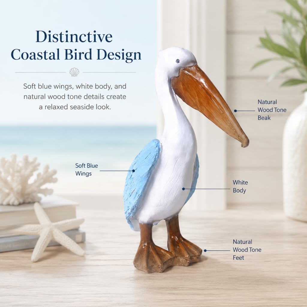 Delicate Moment Coastal Pelican Decor Figurine, Resin Nautical Beach Bird Statue, Ocean Style Home Ornament for Shelf Desktop Mantel Decoration Gifts