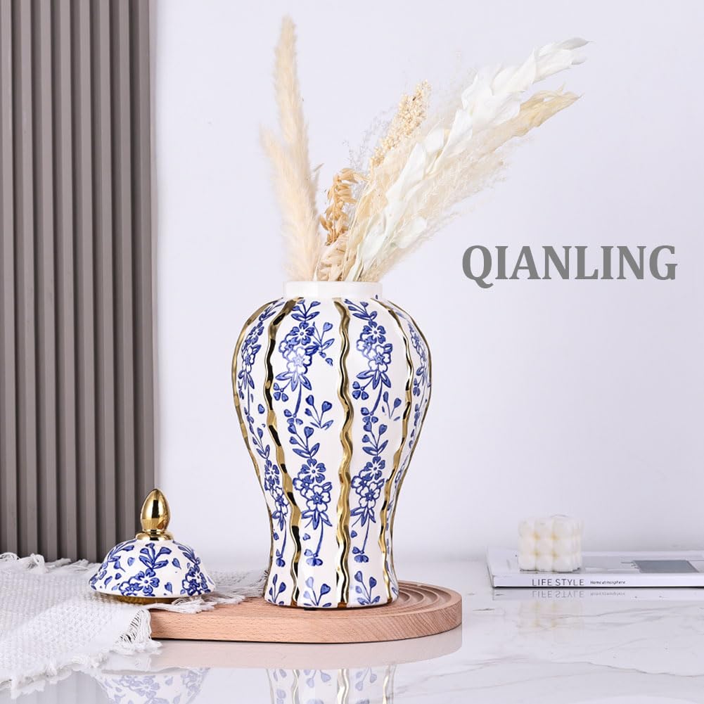 White and Gold Blue Luxury Ceramic Ginger Jar Vase with Lid - Modern Geometry Decorative Vase for Home Decor, Living Room, Kitchen, Dining Table, Cabinet Decor