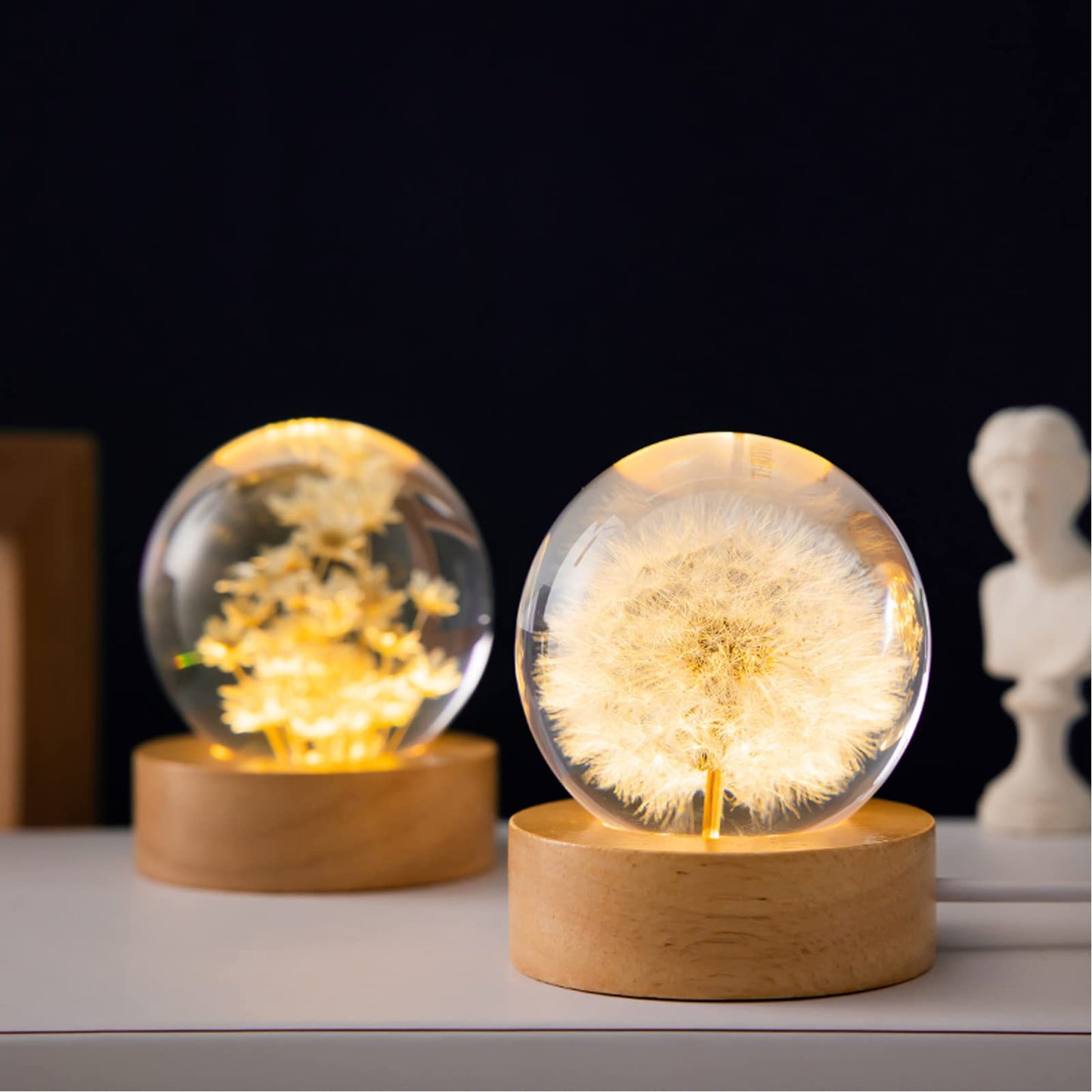 MARZIUS Flower Crystal Ball Night Light,2.4 inch Glass Ball Night Lamp with Woodern Base (Dandelion)