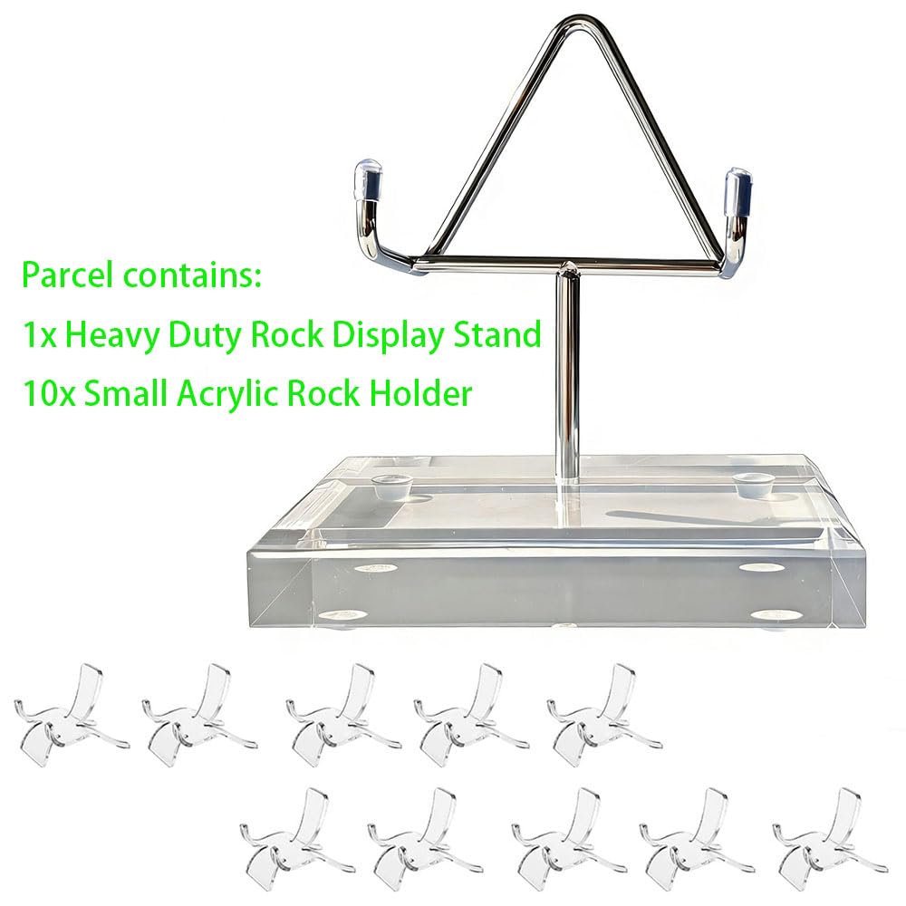 CDFZJC Heavy Duty Rock Display Stand for Large Crystals, 18 lb Max Capacity Acrylic Base with Metal Arms and Slip Mat, Rock Collection Display Crystal Holder for Mineral Geode Specimen Easels