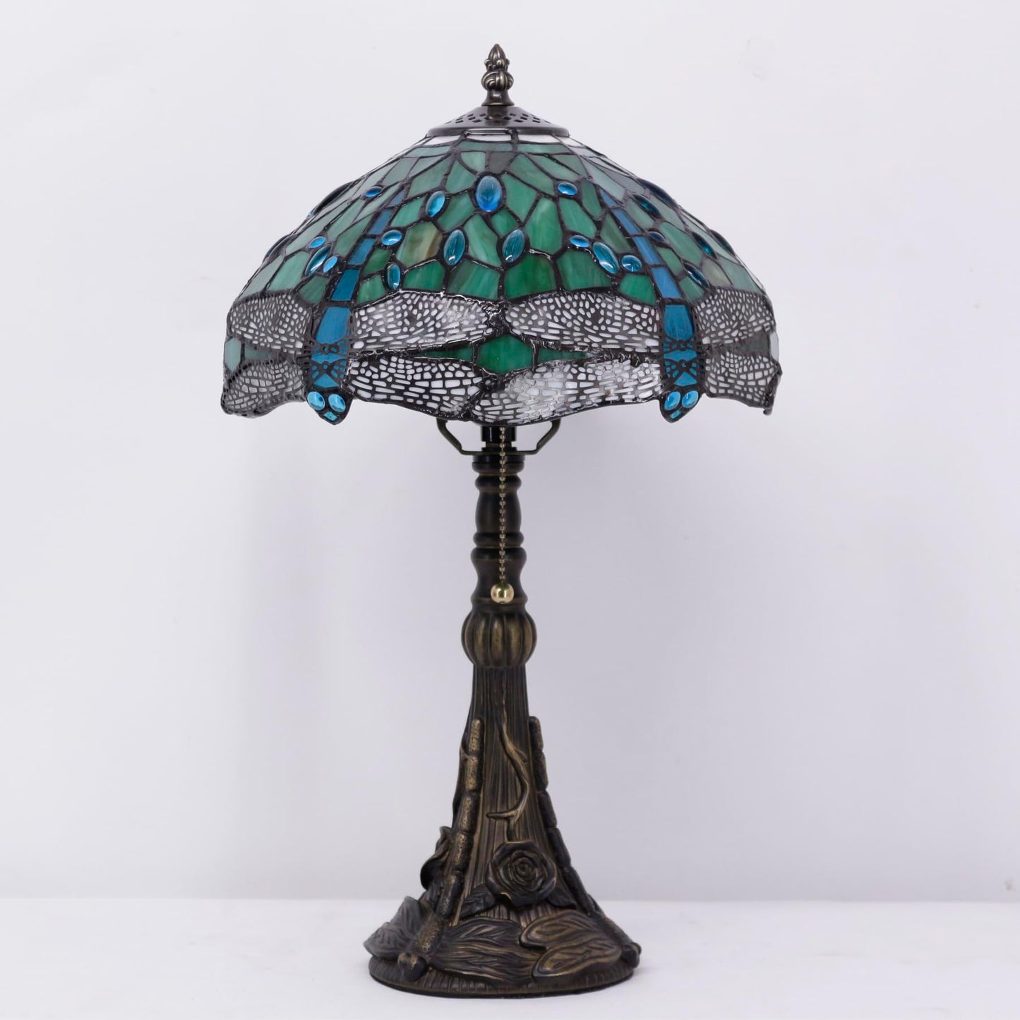 ANYONGLU Tiffany Lamp Stained Glass Table Lamp 12X12X19 Inch Resin Base for Desk Bedroom Living Room Reading Light (Green Dragonfly)