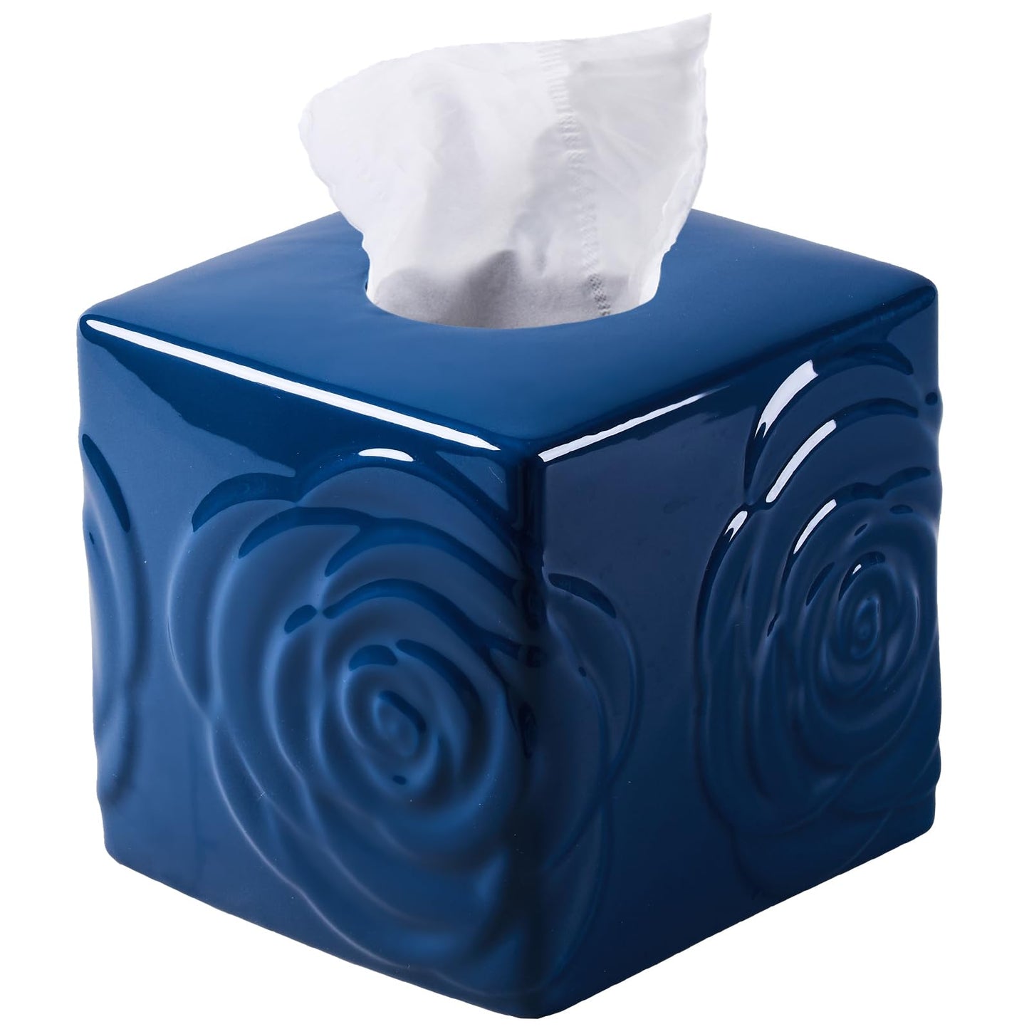 Deep Blue Ceramic Cube Tissue Box Cover with Rose – Large Elegant Rose Floral Square Decorative Tissue Box Holder for Bathroom, Bedroom, Office Desk, Kitchen Counter – Perfect Housewarming Gift
