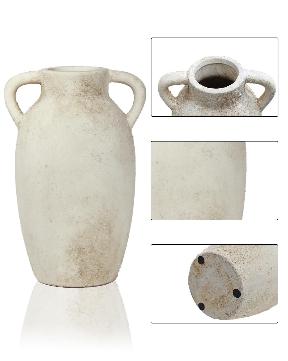 Ceramic Flower Vase Home Decor – 9.8 Inch Pottery Rustic Farmhouse Decorative Vase with Handles for Table Centerpiece, Shelf & Mantel, Beige