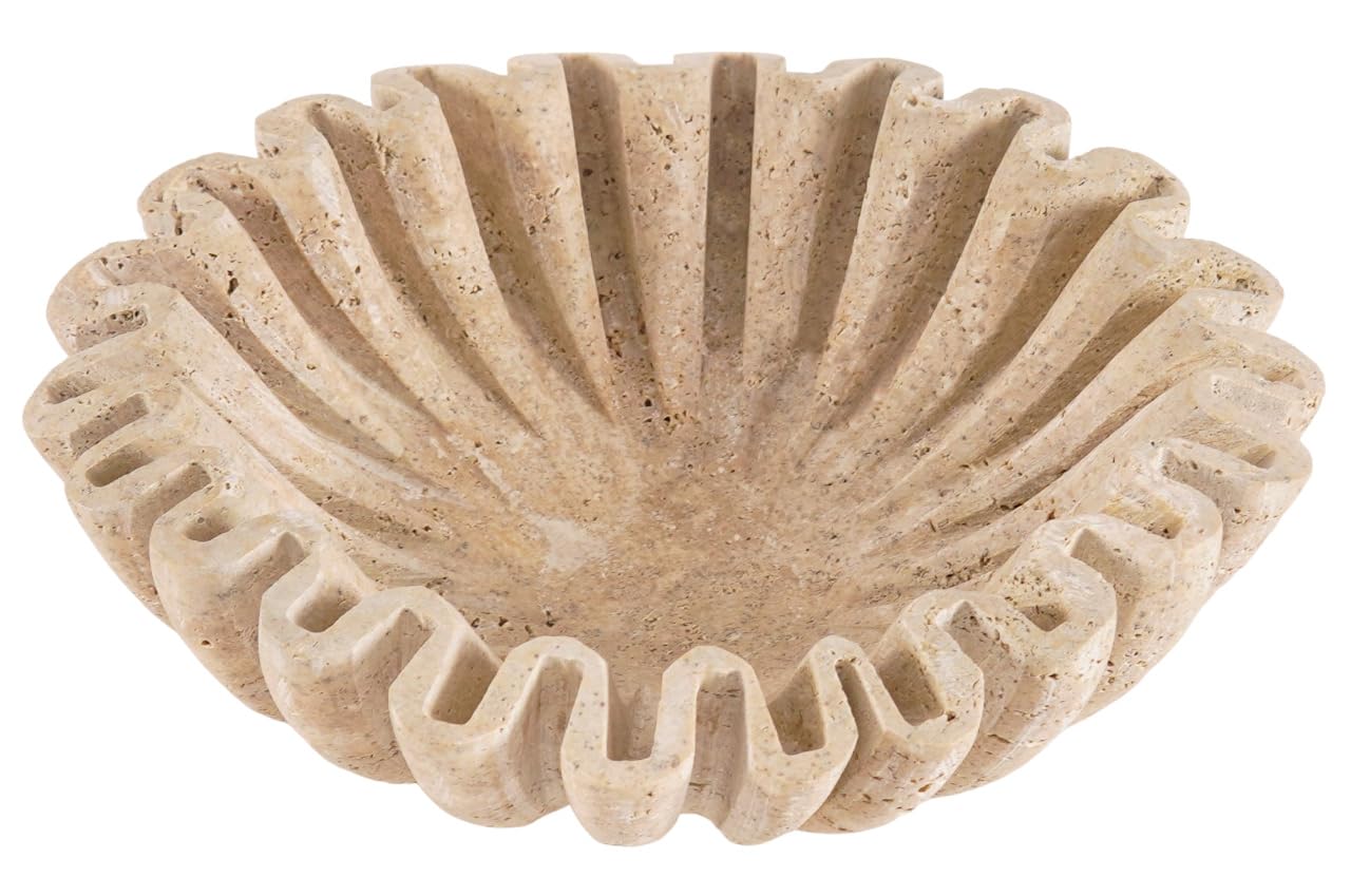 SPESHSTONES Marble Scalloped Bowl Handmade 8 Inch Travertine Ruffle Bowl, Fruit Bowl for Kitchen Counter, Large Decorative Bowls for Housewarming Gifts, Modern Fluted Bowl for Home Decor