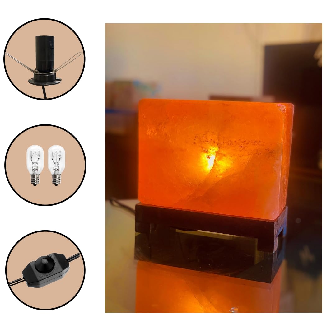 NatureBoost Himalayan Pink Salt Lamp 6.5 x 7.5 x 4 Inches – Natural Rectangular Crystal Rock Salt Lamp with Wooden Base, Dimmer Switch & 2 Bulbs – Soothing Amber Night Light for Home & Office