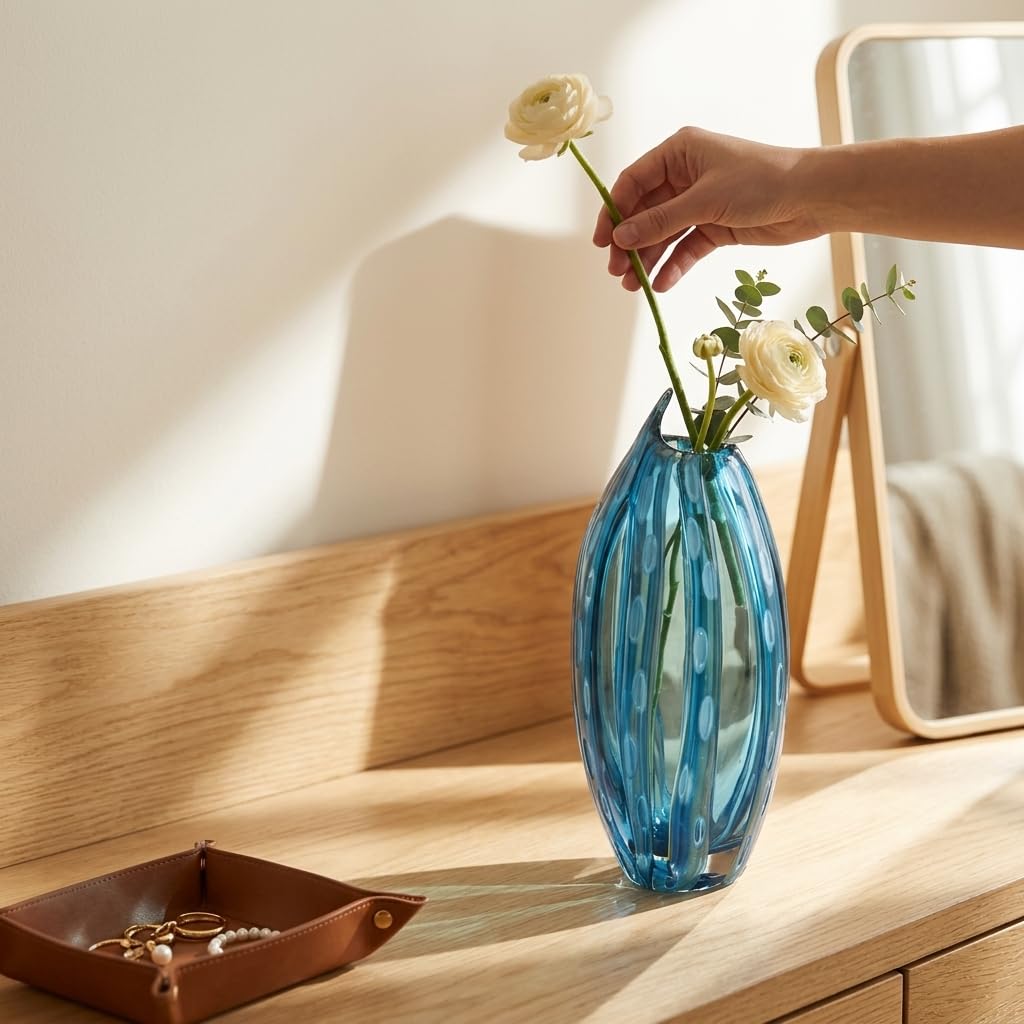 11.81in Hand Blown Blue-Green Glass Vase (White Dots) | vases Home Decor, Dining Room Table Decor, Blue vase, Glass Flower vase, Flower vase Unique Decorative Vase, Table Vase