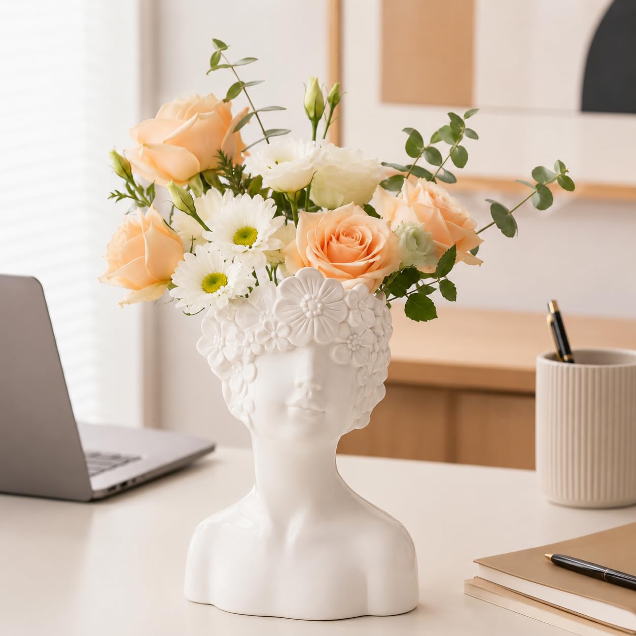 White Flower Vase,Face Vase Bust Head Shaped Ceramics Statue,Suitable for Birthday Gifts Home Office Decoration (Charming vase)
