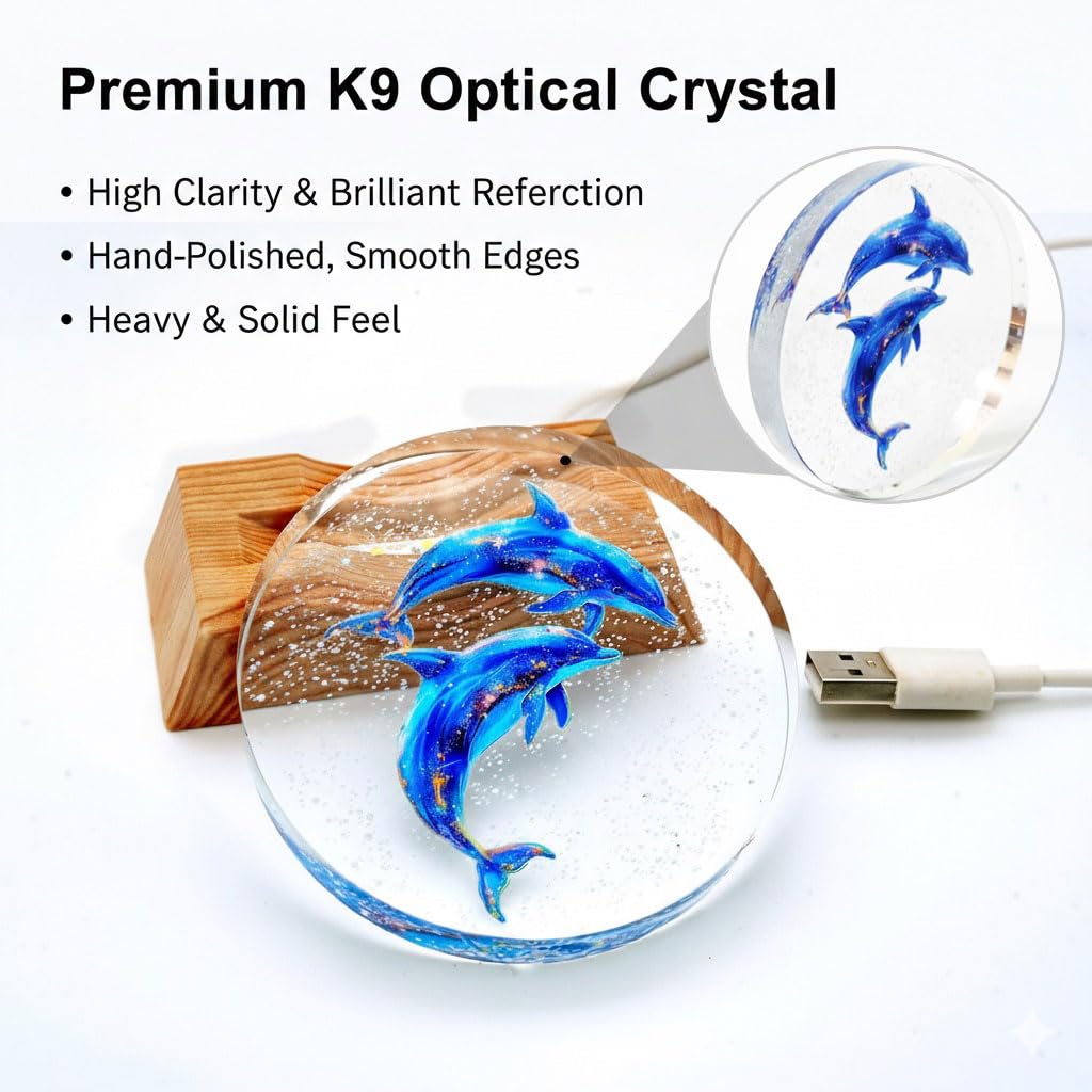 BJSYLTEK K9 Crystal Dolphin Night Light, 10cm Glass LED Lamp with Wood-Grain Style Base, Warm Light Table Desk Lamp, Elegant Home Decor Gift