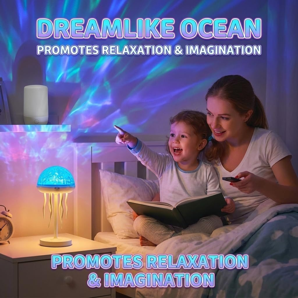 YzzYzz Jellyfish Lamp with Ocean Wave Projector Light, 2-in-1 Rechargeable Night Light with Remote, 3D Water Ripple Color Changing Lamp for Bedroom, Kids Room