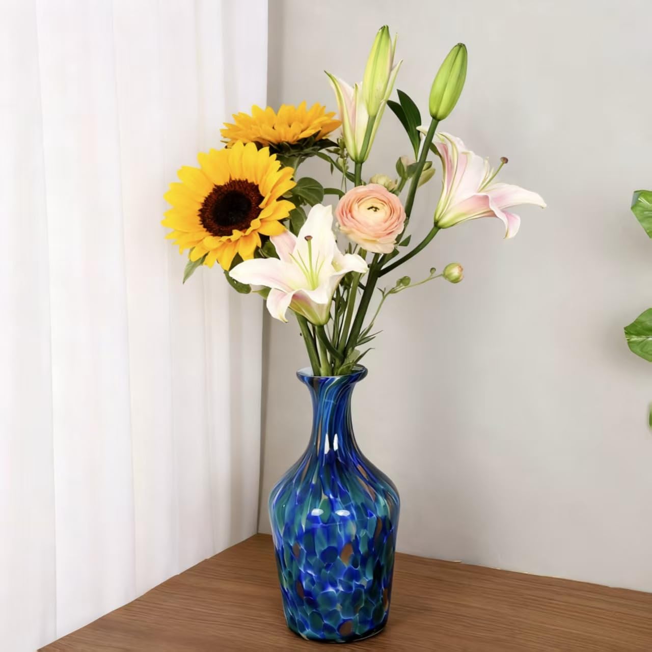 Acever Handblown Art Glass Vase, Blue and Teal Elegant Bottle for Luxury Home Decor (A)