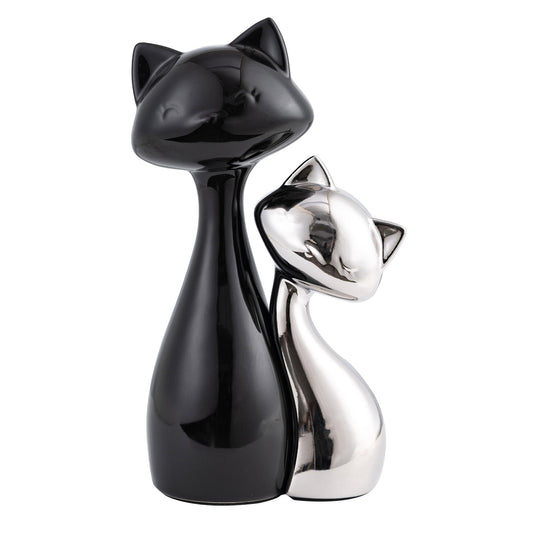 SURE YUESI Ceramic Cat Statue Set of 2, Black & Silver Cute Cat Figurines, Desk & Shelf Decor for Cat Lovers, Office Home Decor, Lucky Cat Memorial Gift for Women