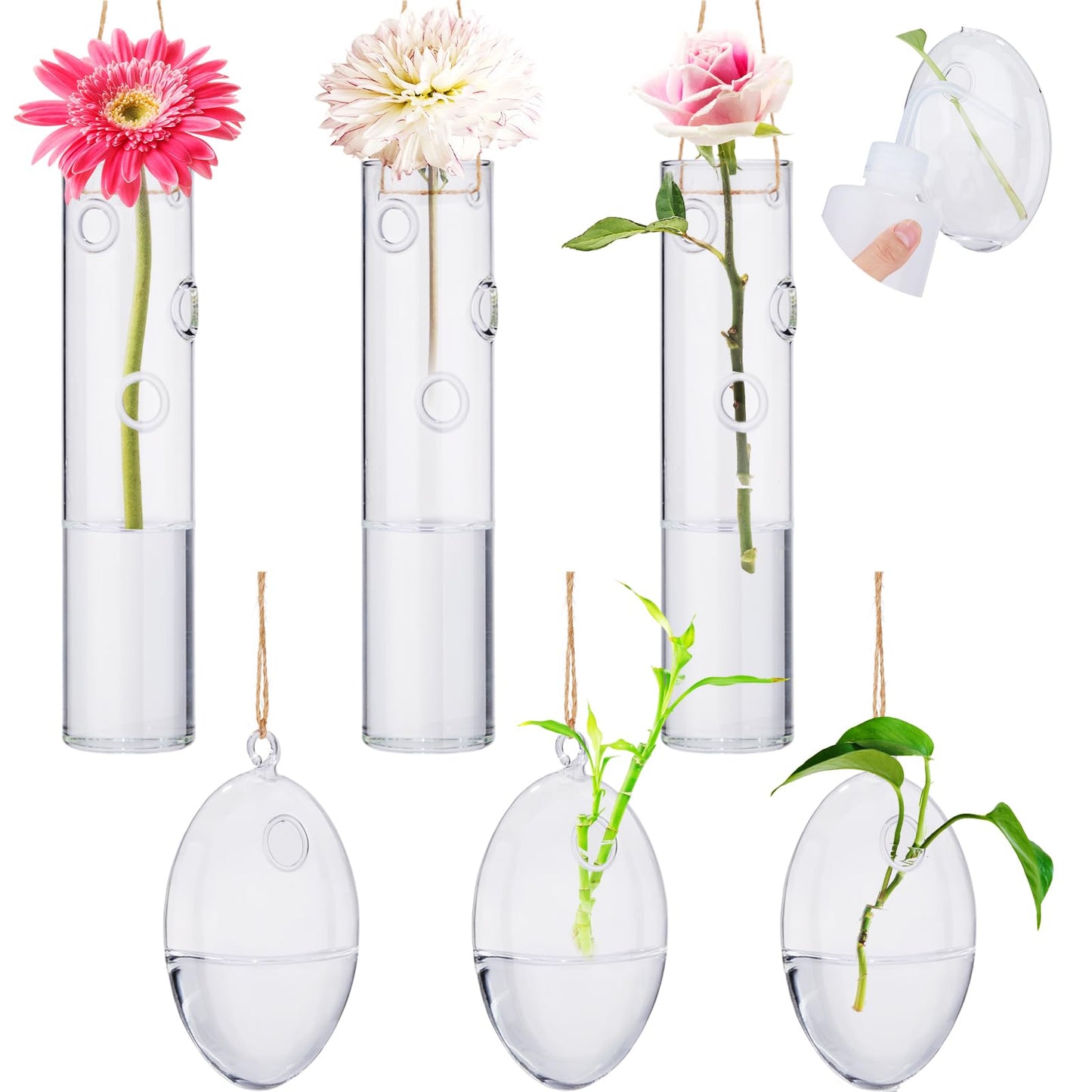 Zopeal 6 Set Wall Hanging Glass Planter Terrarium Propagation Station Vase Container Watering Squeeze Bottle with Rope and Hook for Hydroponic Plants Flower Home Decor Gifts (Elegant Style)