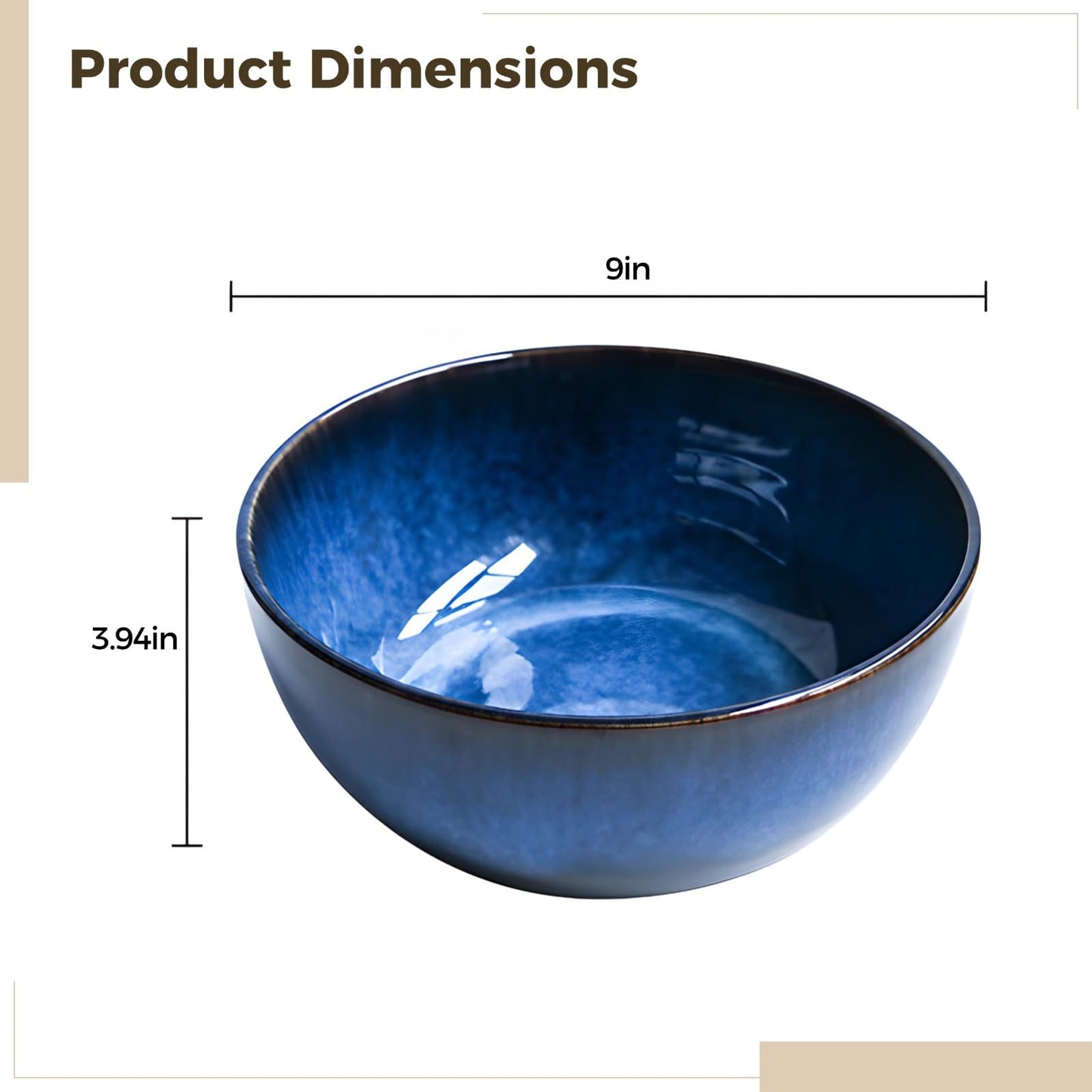 Cat's Eye Blue Ceramic Large Salad Bowl, 9 in/23 cm Wide Mouth Serving Bowl, Extra Large Capacity for Parties, Family Meals, Fruit and Pasta, Unique Glazed Design, Long-lasting Dishwasher Safe