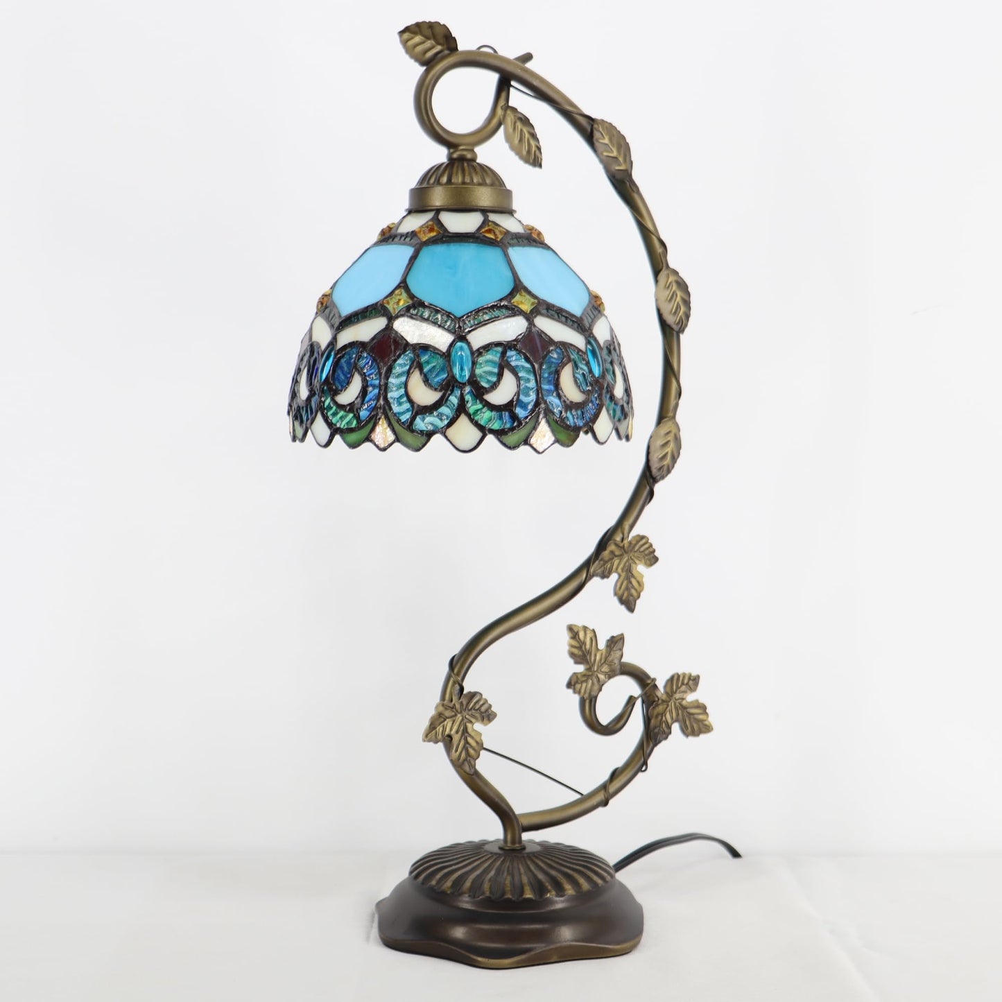 LXHCYOU Tiffany Table Lamp, Stained Glass Desk Light, 8X10X21 Inches, Metal Leaf Base (Sapphire Style)