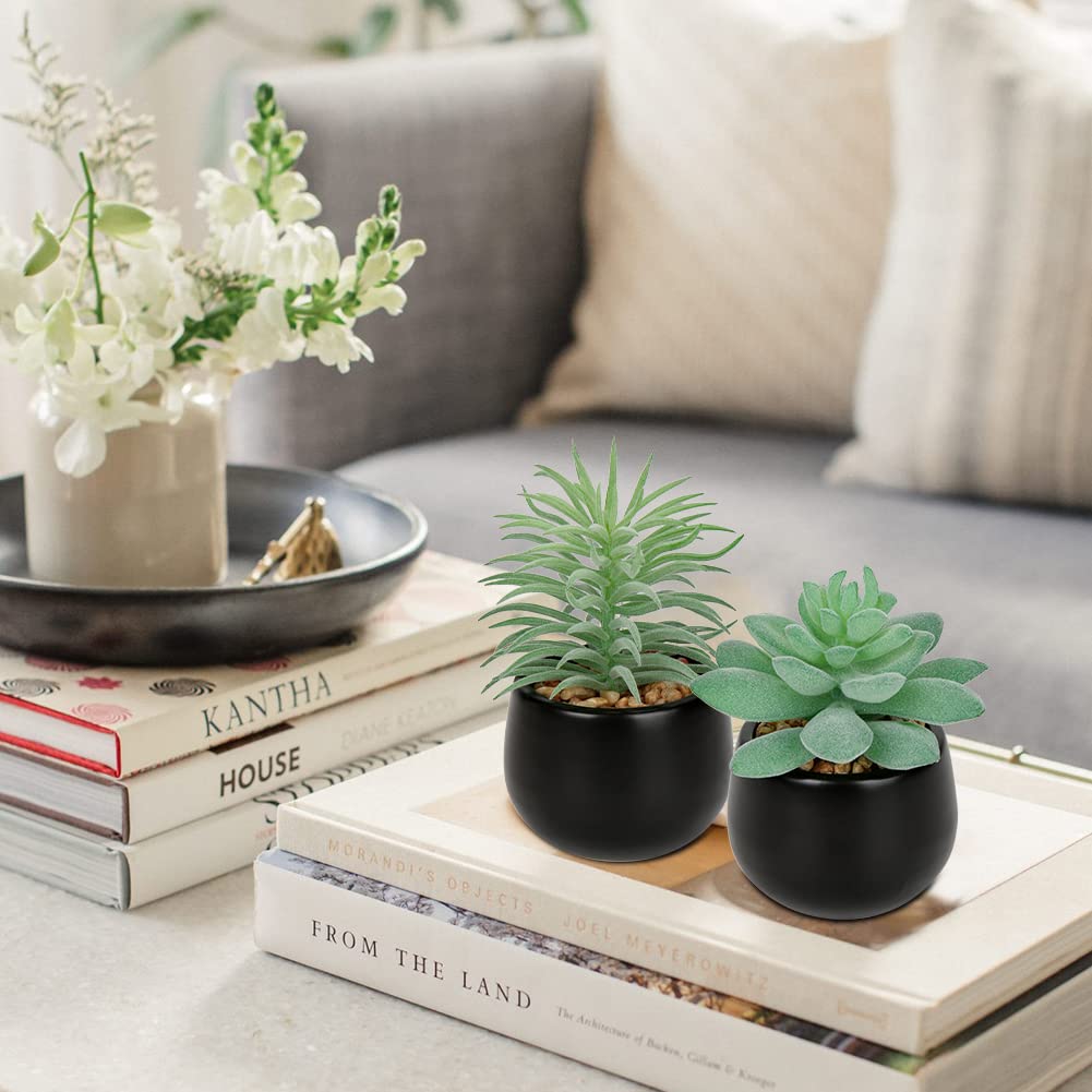 Briful 3PCS Artificial Succulents Fake Plants Mini Succulents Potted in Black Ceramic Pots Artificial Plastic Plants for Home Office Desk Farmhouse Bathroom Décor