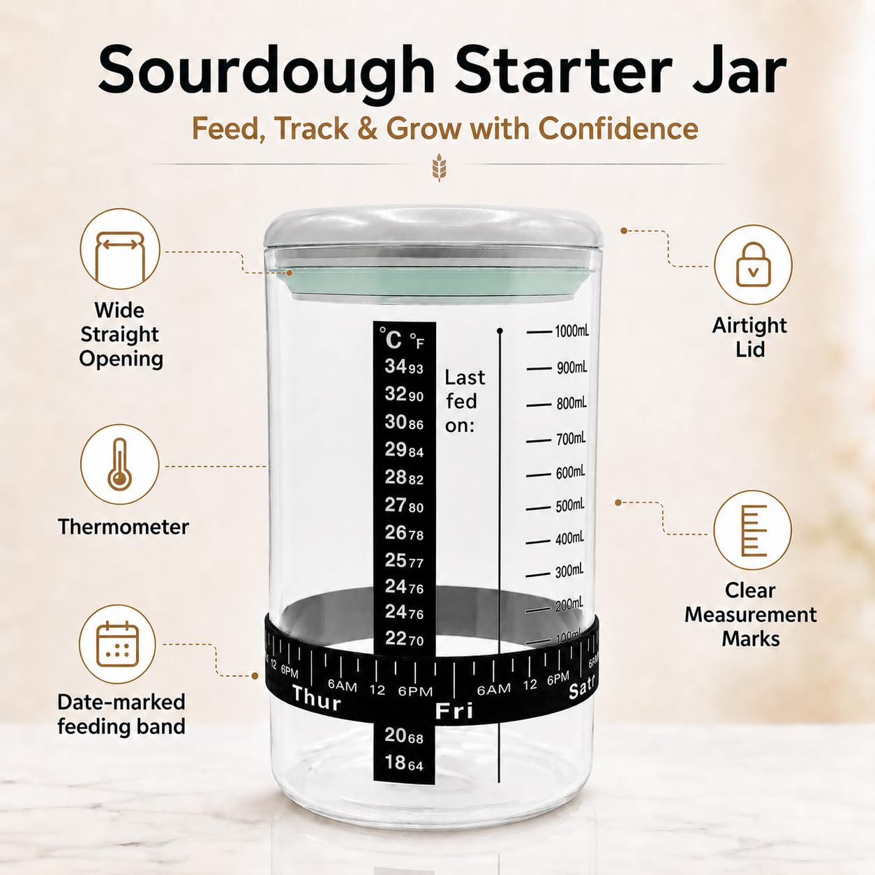 USYOGO 40oz Glass POP sourdough starter jar-With-Lid | Food-grade borosilicate glass | One-touch push-button lid | With Date Marked Feeding Band, Thermometer, Silicone Scraper, Sewn Cloth Cover
