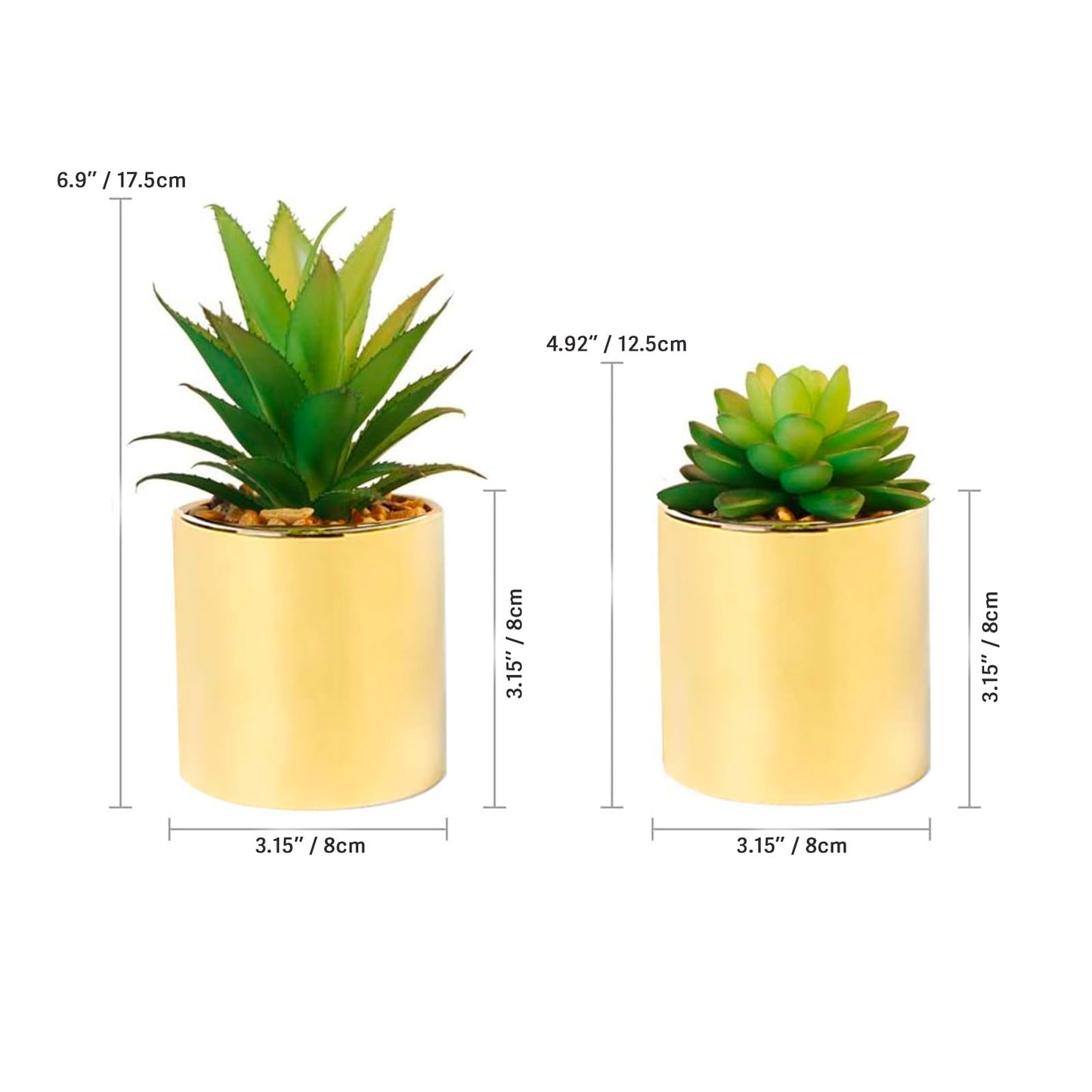 SasaAccueil Faux Succulent Artificial Plants 7'' & 5'' in Pots Home Decoration Set of 2 Gold Pots
