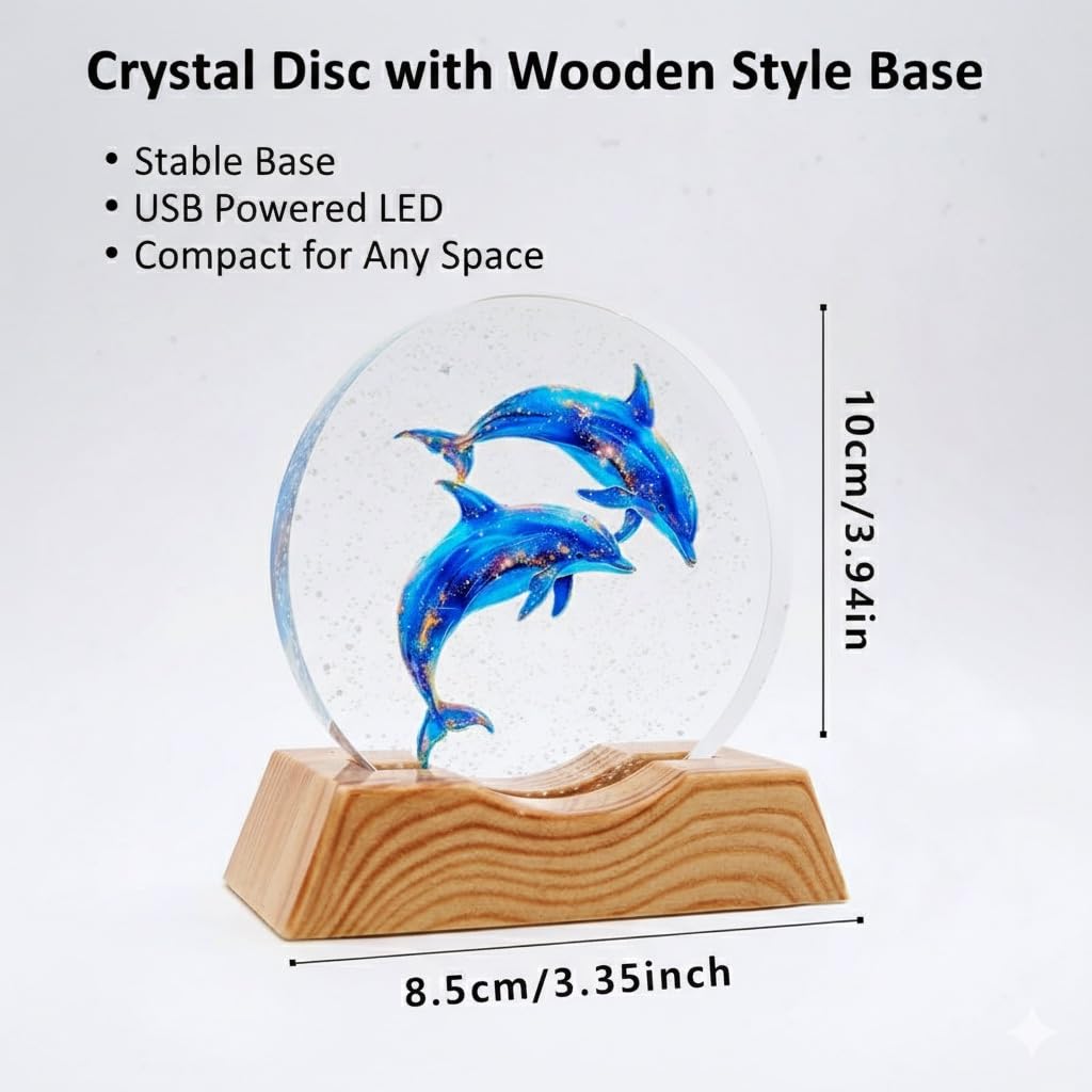 BJSYLTEK K9 Crystal Dolphin Night Light, 10cm Glass LED Lamp with Wood-Grain Style Base, Warm Light Table Desk Lamp, Elegant Home Decor Gift
