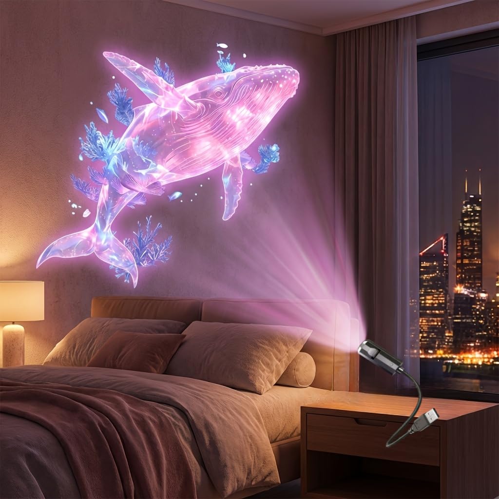 Ocean projection light with 8 interchangeable marine life light panels (whale, jellyfish, sea turtle), USB powered, 360° rotating, creating an immersive underwater world; a creative decorative gift.