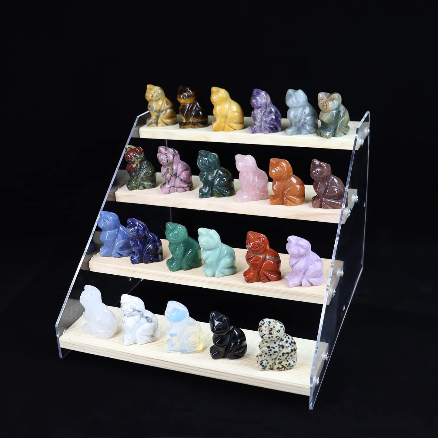 WHAL&YUNE Mix 12Pcs Gemstone Cat Statue Figurine Collectible, 1.5 Inch Crystal Sitting Cat Statues Fengshui Decor, Natural Hand Carved Animal Stone Sculpture for Gifts, Home Decoration