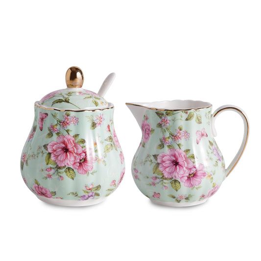 Agyiuns Ceramic Sugar and Creamer Set, 3 Piece Set with Cream Pitcher, Sugar Bowl, Sugar Set with Lid and Spoon (Green)