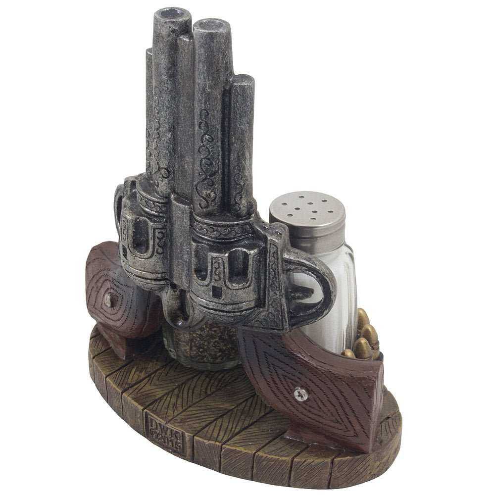 Classic Country Western Six-shooter Pistols with Bullets Salt and Pepper Shaker Set on Decorative Display Stand Figurine in Wild West Kitchen Decor Table Centerpieces As Rustic Gifts for Cowboys