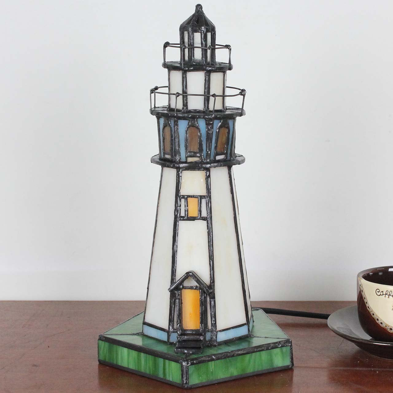 Bieye L10221 Lighthouse 10 inch Tiffany Style Stained Glass Accent Table Lamp for Home Decor