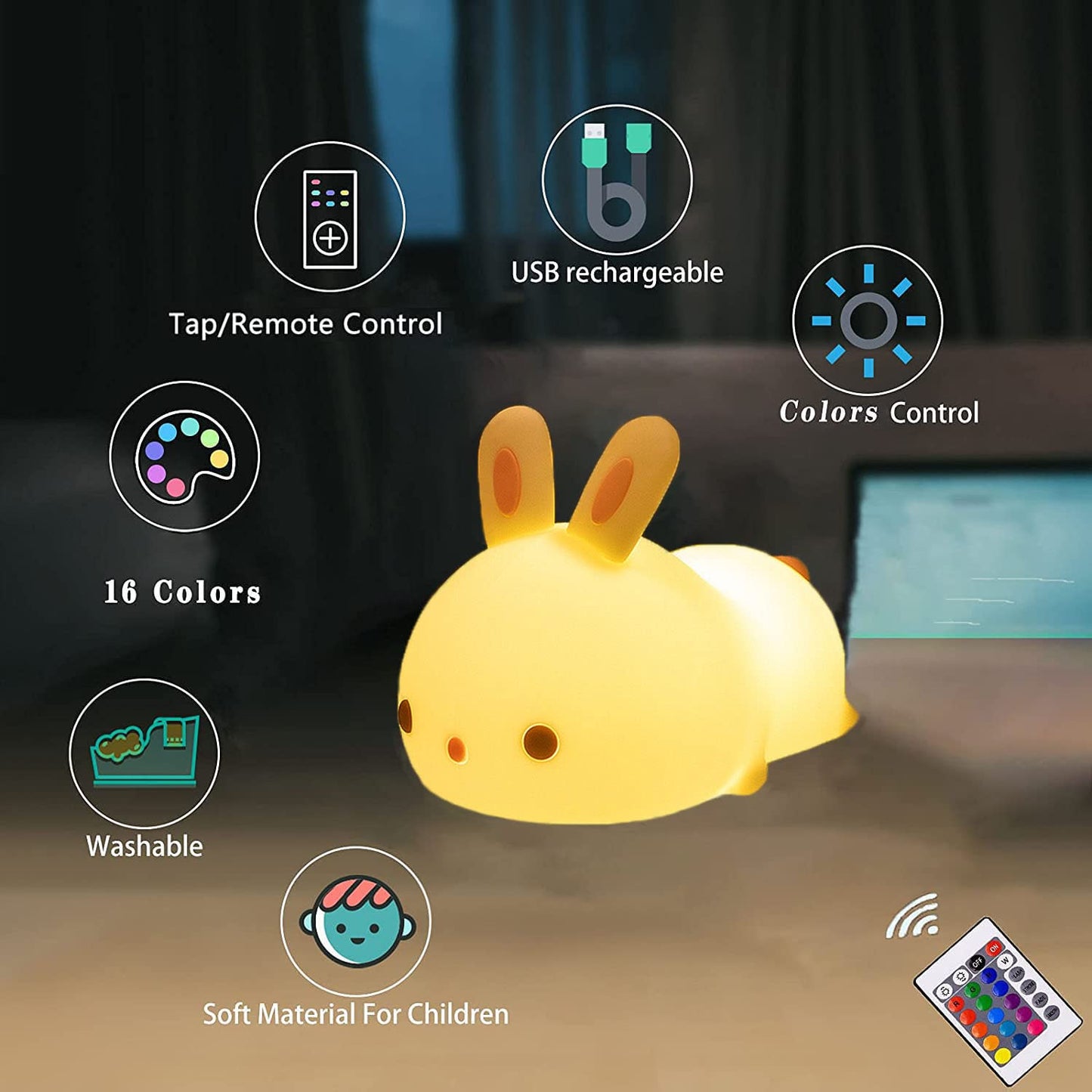YOTOZU Cute Bunny Night Light, USB Rechargeable Cute Night Ligh with Touch Sensor and Remote Control 4 Modes 16 Colors Kid Night Light for Girls, Childrens, Toddler, Baby, and Kids Christmas Gifts