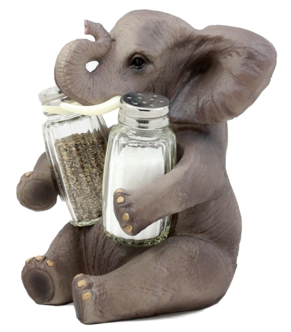 Ebros Gift Safari African Bush Elephant Decorative Glass Salt & Pepper Shakers Holder Figurine Decor 7"H Elephants Kitchen Bar Dining Accent