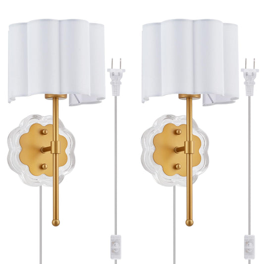 MhyTogn Modern Plug-in Wall Sconce Set of 2, with Creamy-White Fabric Flower and Antique Brass Brush Paint Finish Shade for Vanity Stairway Fireplace Kitchen Living Room Bedside