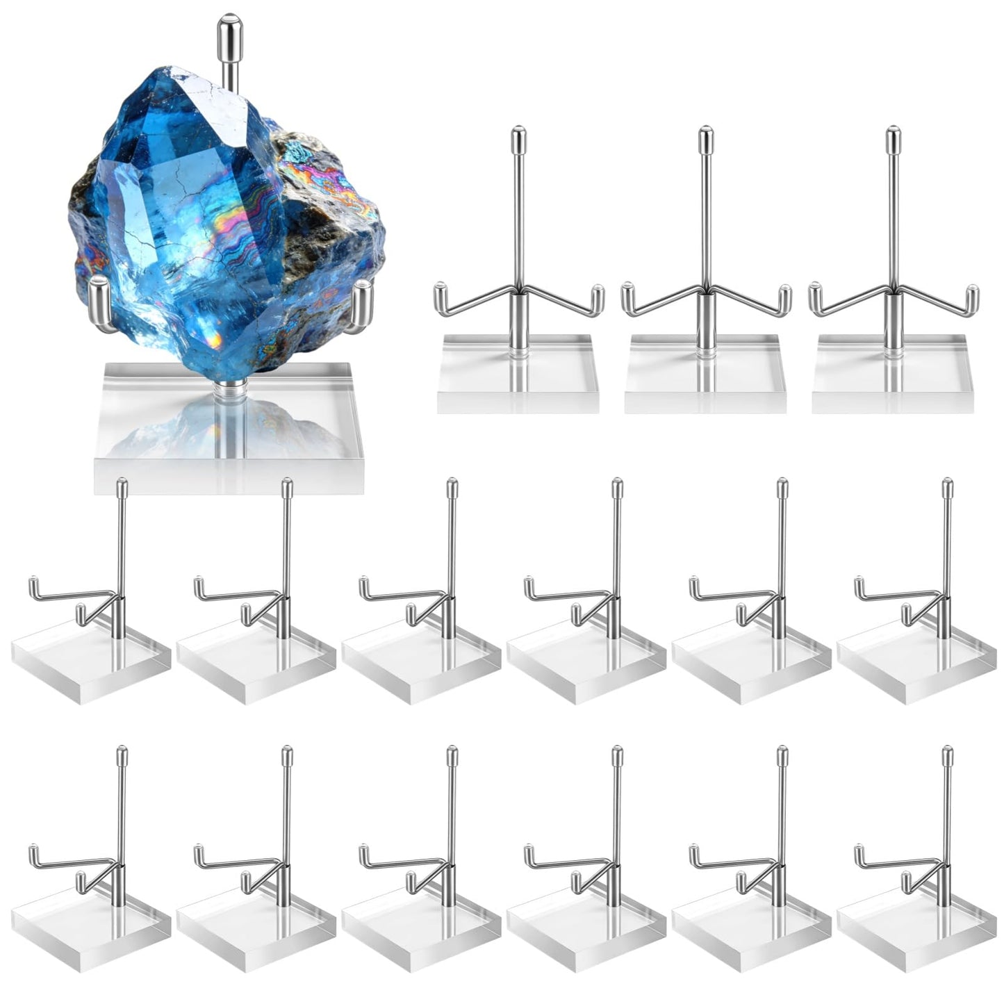 Skdqiee 16 Pcs Crystal Display Stands, Adjustable Metal Arm Mineral Holders, Silver Rock and Crystal Display Holders for Stones, Geodes, Fossils, Cards