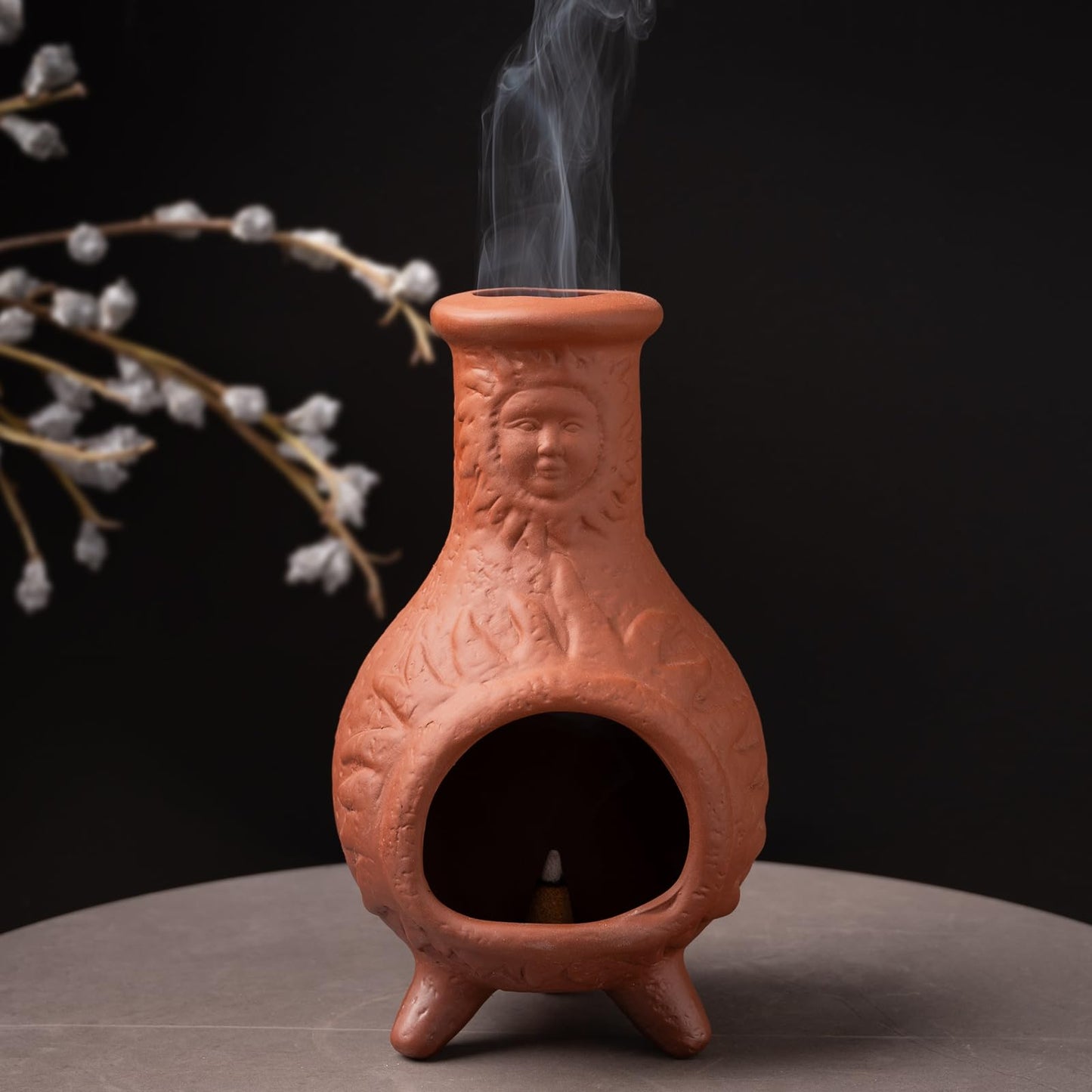 Handcrafted Terracotta Palo Santo Holder with Sun Face Design - Mini Chiminea Incense Burner for Sage & Copal - Thoughtful Gifts for Meditation, Yoga, Aromatherapy
