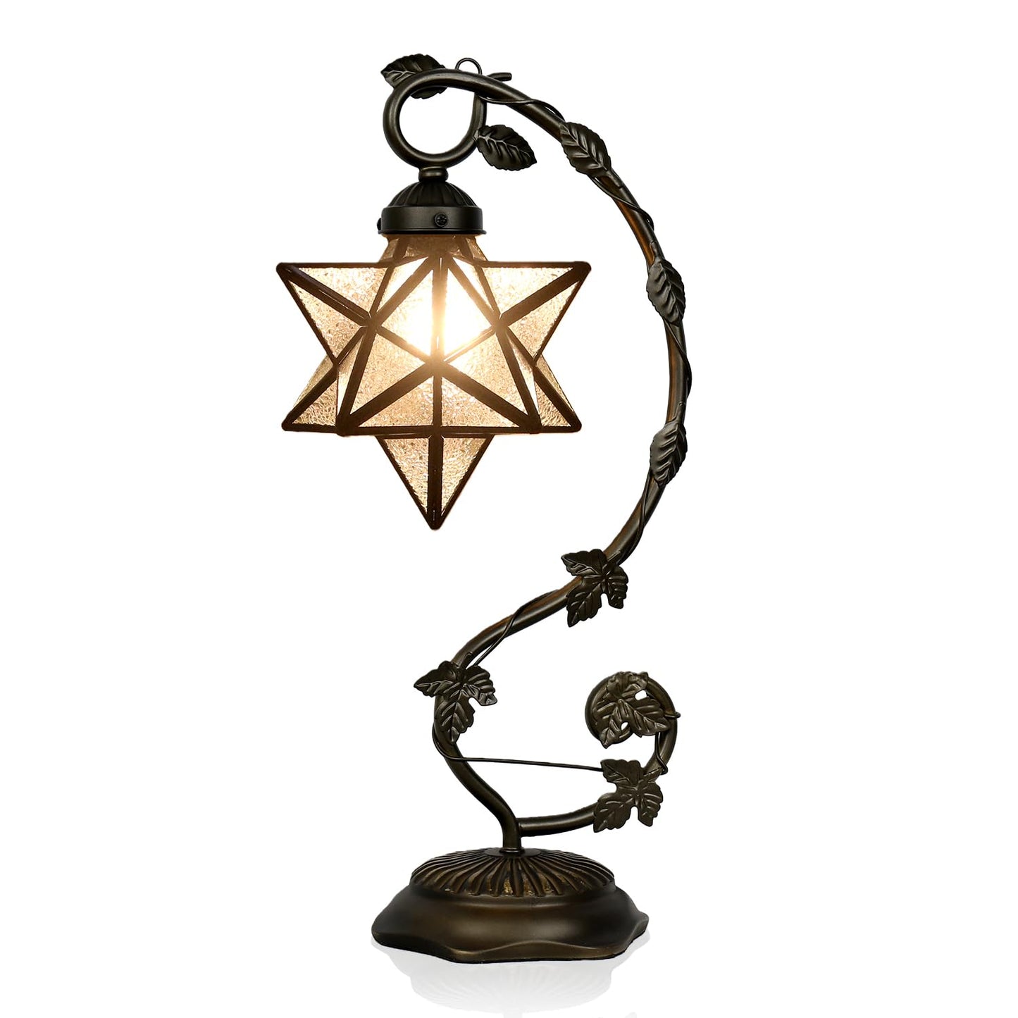 Star Glass Table Lamp, Vintage Style Table Lamp, 8x10x20 Inch – Bronze Metal Leaf Base Tiffany Lamp for Bedroom,Living Room,Study