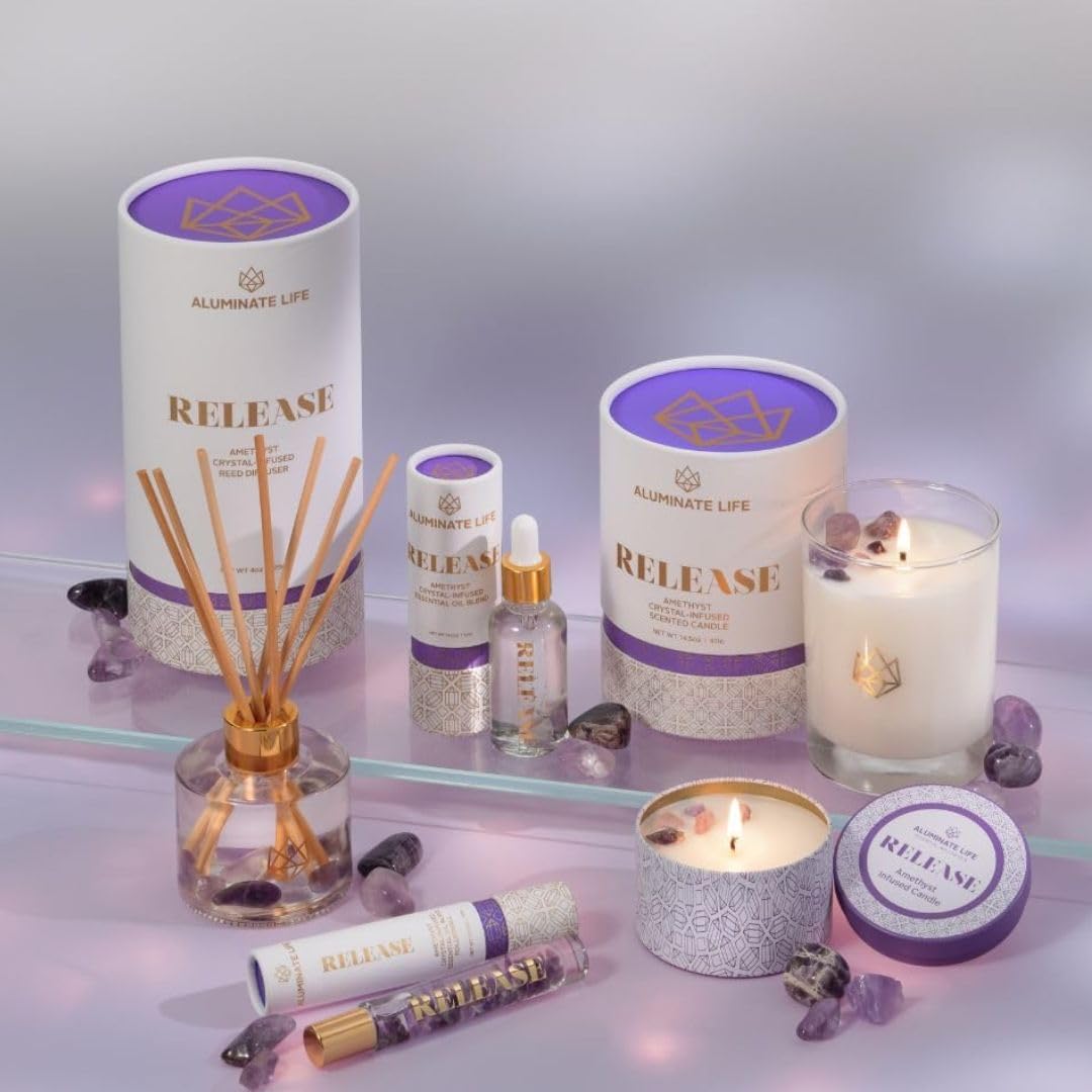 ALUMINATE LIFE – Release Crystal-Infused Scented Candle with Healing Amethyst & Lavender Essential Oils, Hand-Poured Premium Coconut Wax, Luxury Gift, 6 oz
