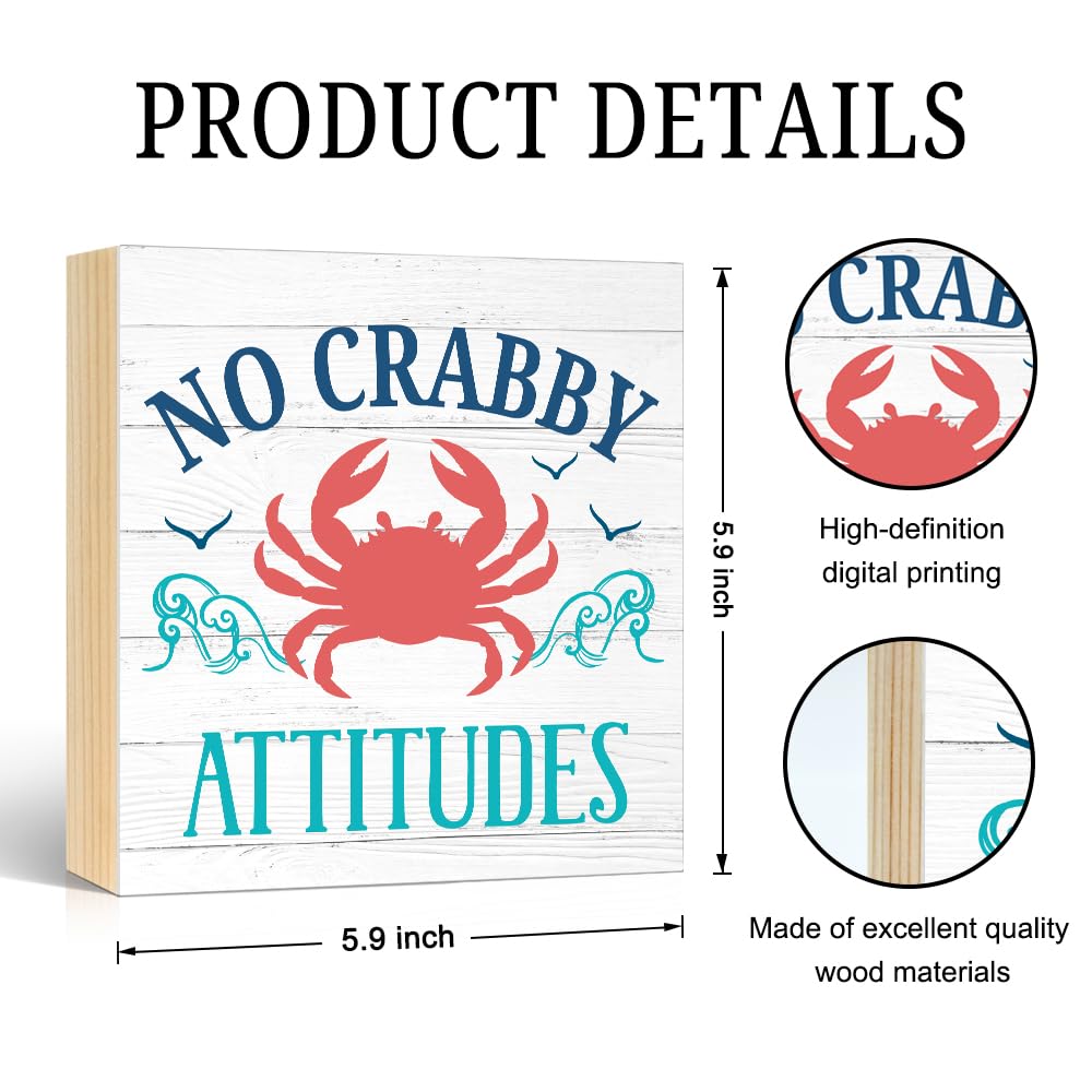 Pishovi No Crabby Attitudes Wooden Box Sign, Inspirational Phrase Decorative Plaque for Home Kitchen Bathroom Bar Café, Beach Theme Desk Plaque, Housewarming Gifts for Friend Coworker