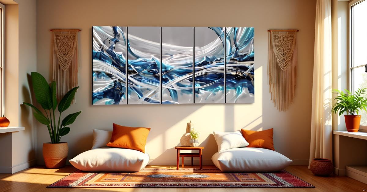 Yihui Arts Large 3D Hand Crafted Abstract Blue Aluminum Metal Wall Art for Bathroom, Kitchen, Dinning Decor