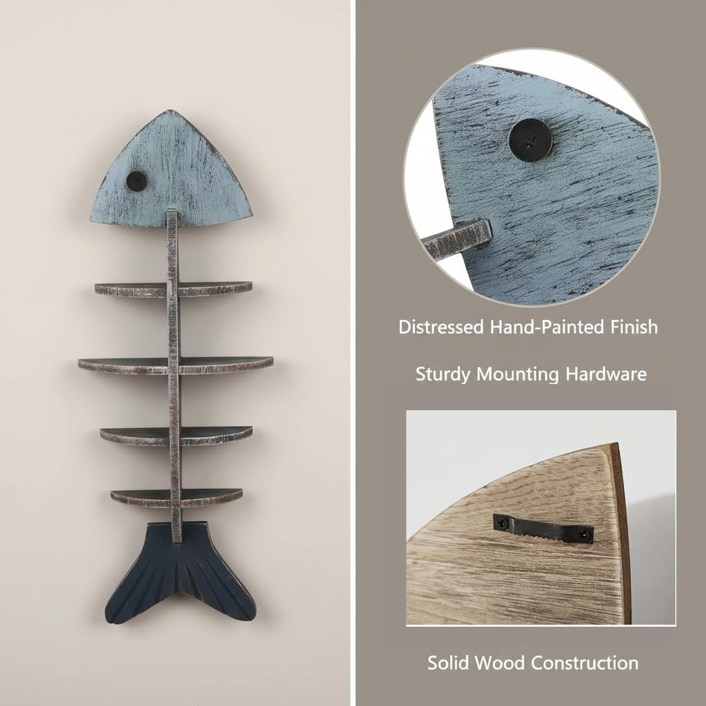 XYZWOMN Fish Bone Wall Decor Display Shelf, Mediterranean Style Wooden Coastal Wall Art, Rustic Nautical Marine Hanging Organizer for Beach House, Bedroom, Unique Ocean Theme Decoration
