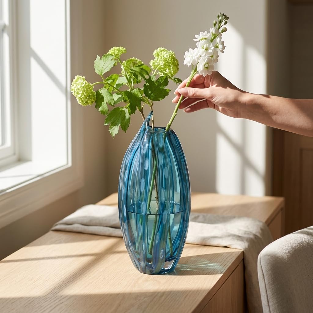 11.81in Hand Blown Blue-Green Glass Vase (White Dots) | vases Home Decor, Dining Room Table Decor, Blue vase, Glass Flower vase, Flower vase Unique Decorative Vase, Table Vase