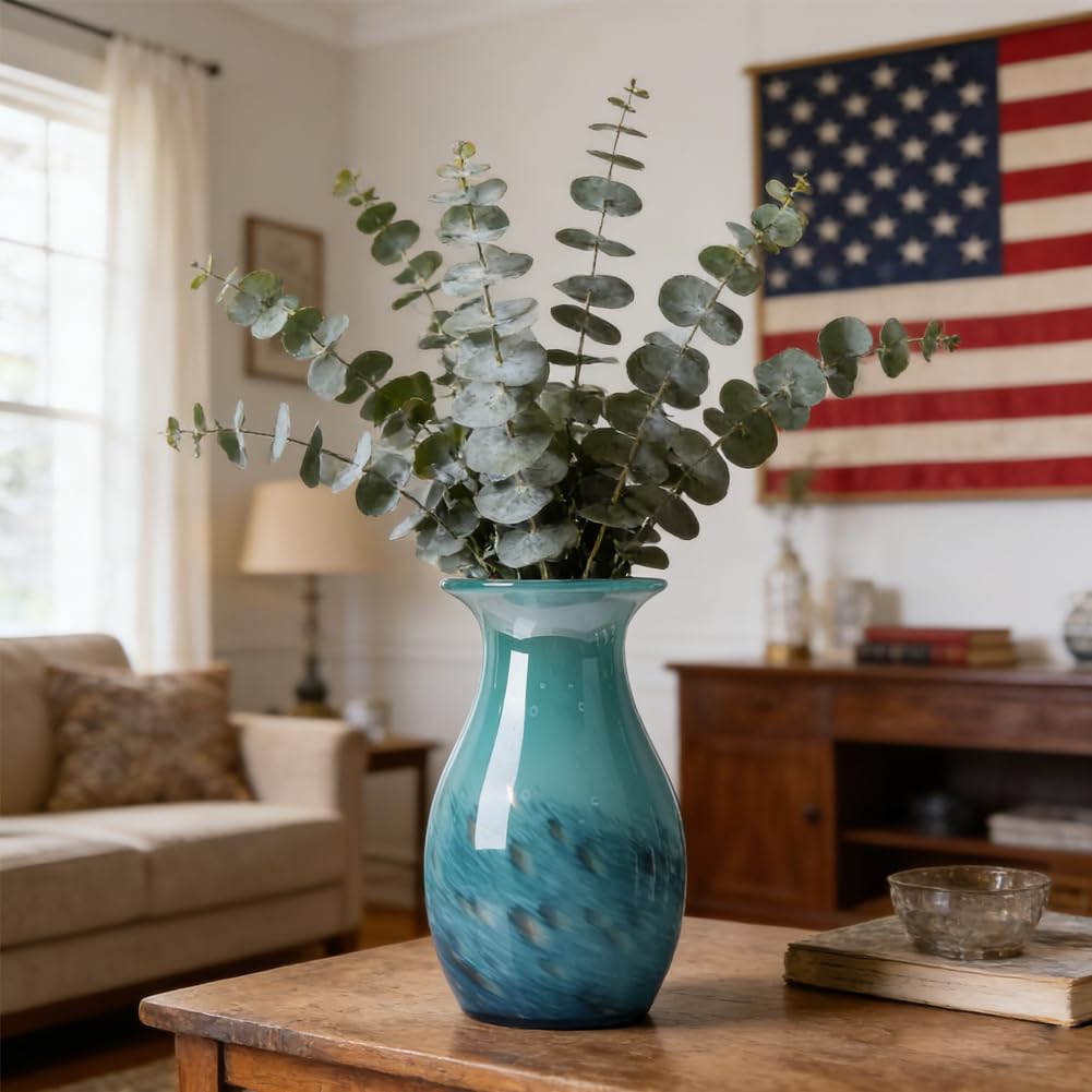 Teal Glass Vase – 11.4in Hand Blown Wide Mouth Art Glass Vase – Turquoise Decorative Vase for Flowers, Centerpieces, Bookshelf, Bathroom, Dining Table or Living Room Display