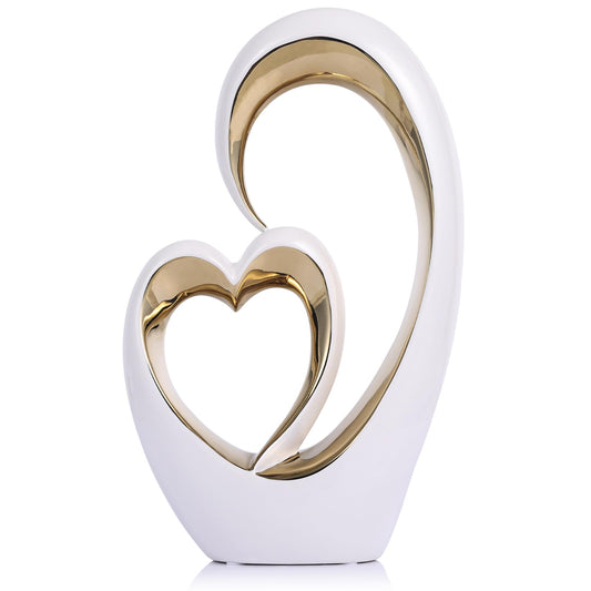 Oliruim White Gold Ceramic Heart Statues - Abstract Home Sculptures for Bedroom, Wedding, Valentine Decor & Gifts for Women