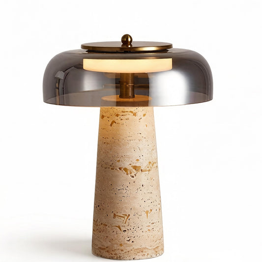 Travertine Lamp, Natural Stone Table Lamps with Glass Shade, 12W Mushroom Bedside Nightstand Light Decor for Bedroom Living Room Office Console Side Entryway Counter Gifts (Smoked Glass+Travertine)